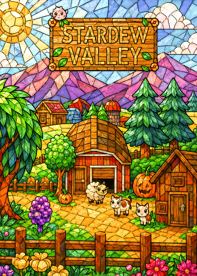 Stardew Valley Stained Glass Farm Scene