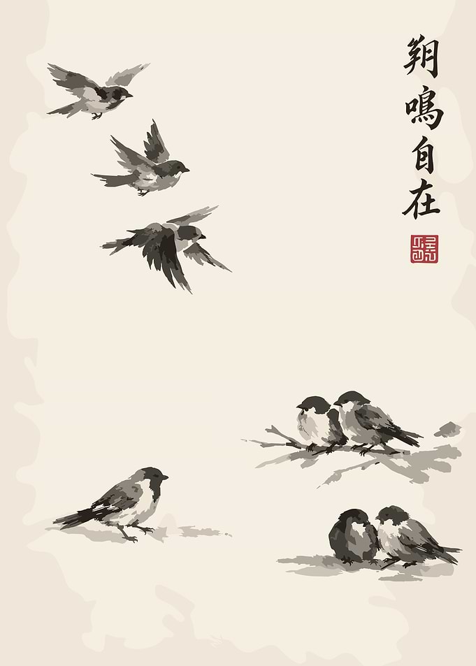 Traditional Ink Wash Painting of Birds