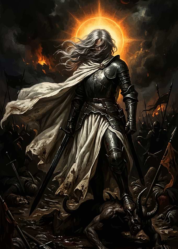 Warrior Knight Standing Over Demon