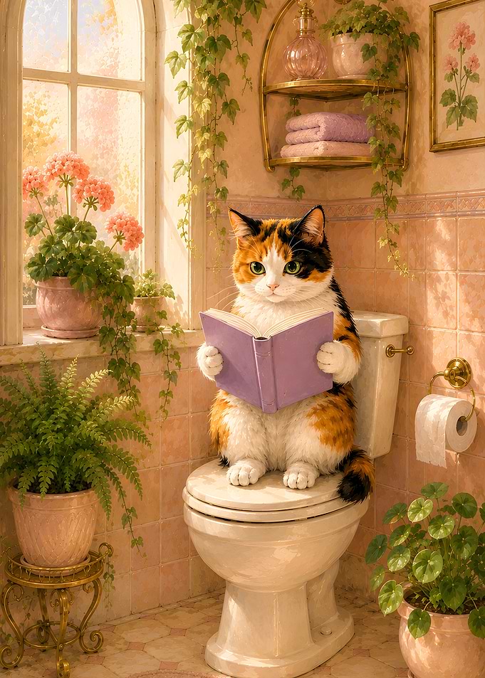 Cat Reading Book on Toilet