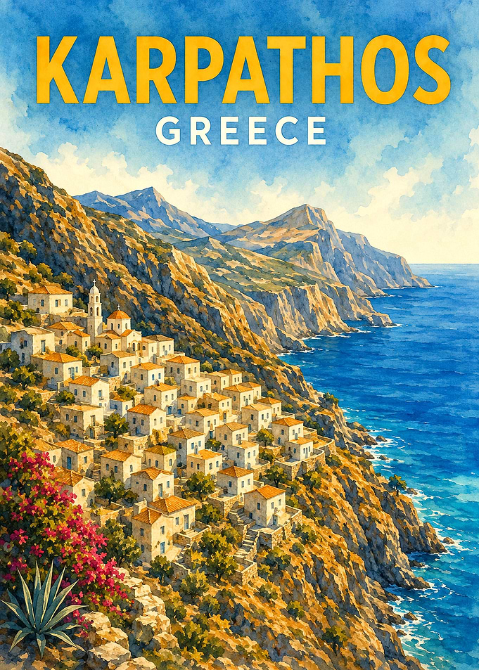 Karpathos Greece Vintage Travel Poster | Watercolor Greek Island Coastal Wall Art