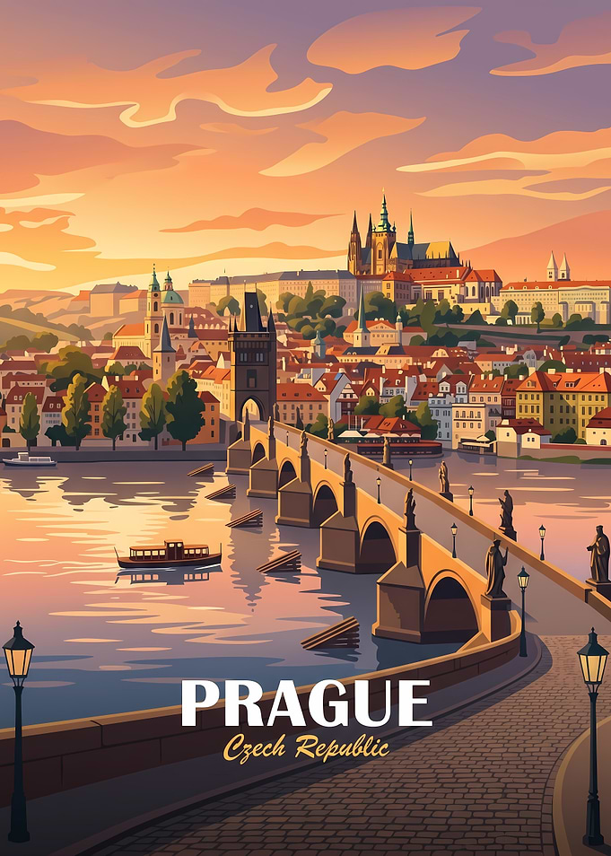 Prague Charles Bridge Sunset Travel Poster