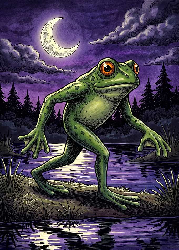 Anthropomorphic Frog Walking at Night