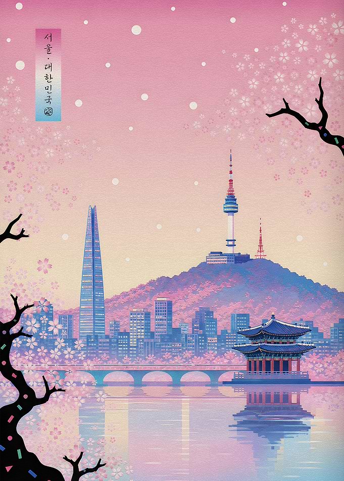 Seoul Cityscape with Cherry Blossoms