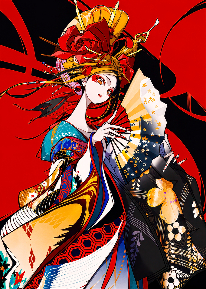 Elegant Oiran in Vibrant Kimono