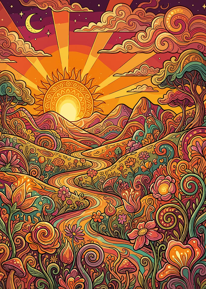 Psychedelic Sunset Landscape with Flowers