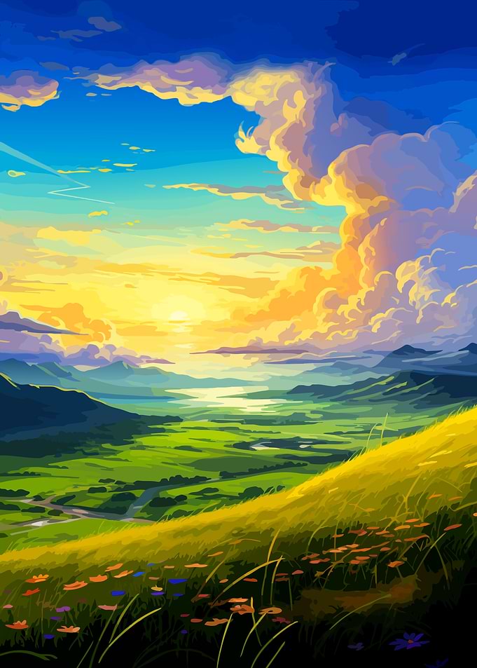 Vibrant Sunset Over Rolling Valley
