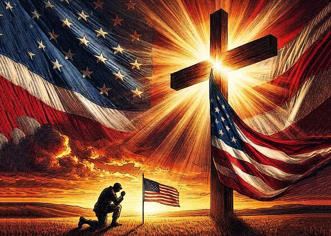 Soldier Praying Before Cross and Flag