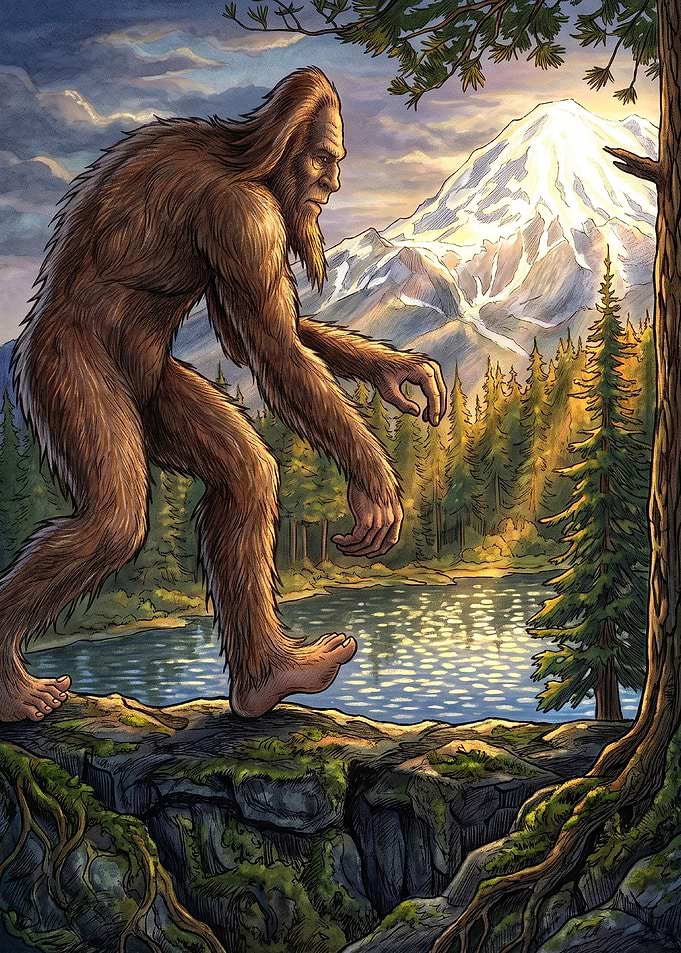 Bigfoot Walking Near Mountain Lake