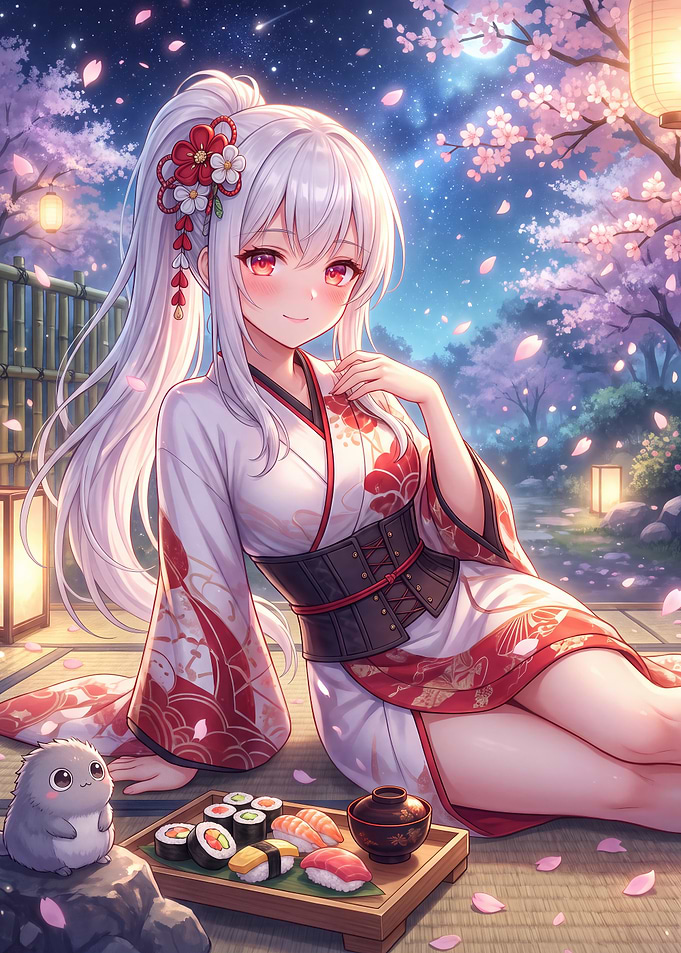 Anime Girl Enjoying Sushi Under Sakura