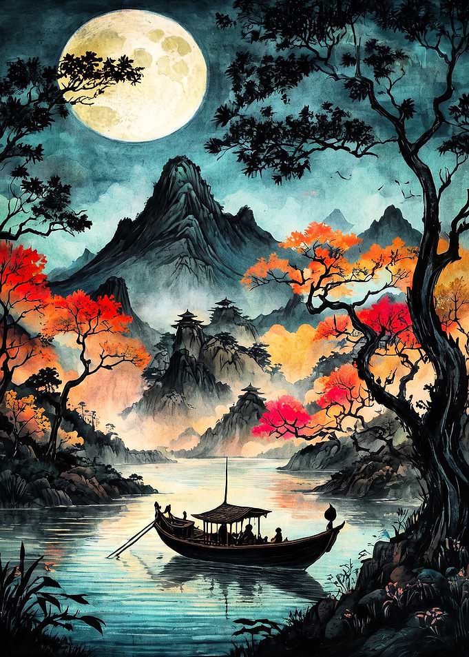 Moonlit Mountain Lake with Traditional Boat