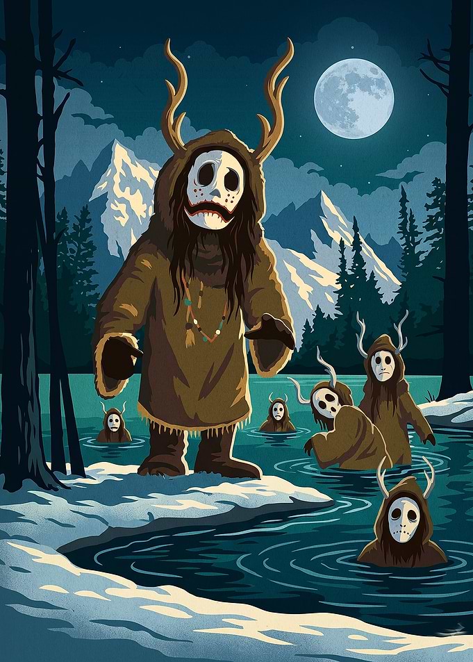 Mysterious Antlered Figures in Winter Night