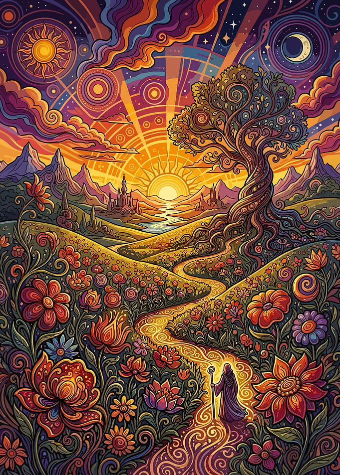 Wizard Walking Through Psychedelic Fantasy Landscape