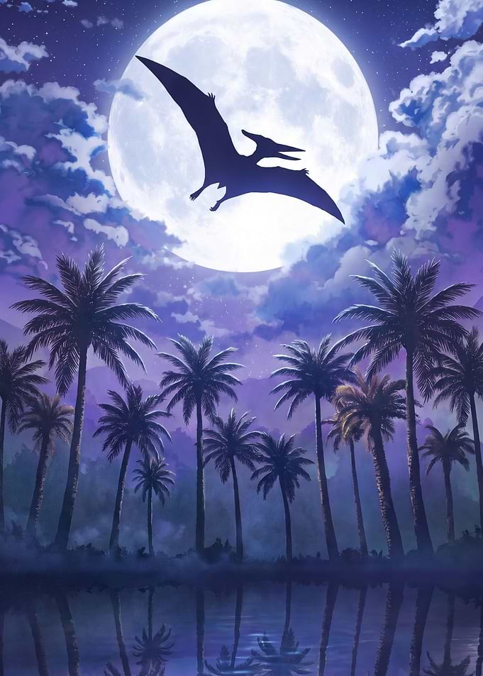 Pterodactyl Flying Under Full Moon