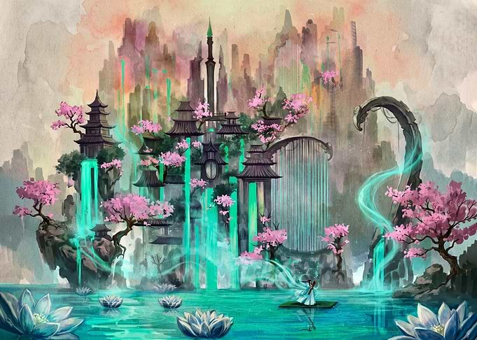 Fantasy Oriental Temple with Magical Waterfall