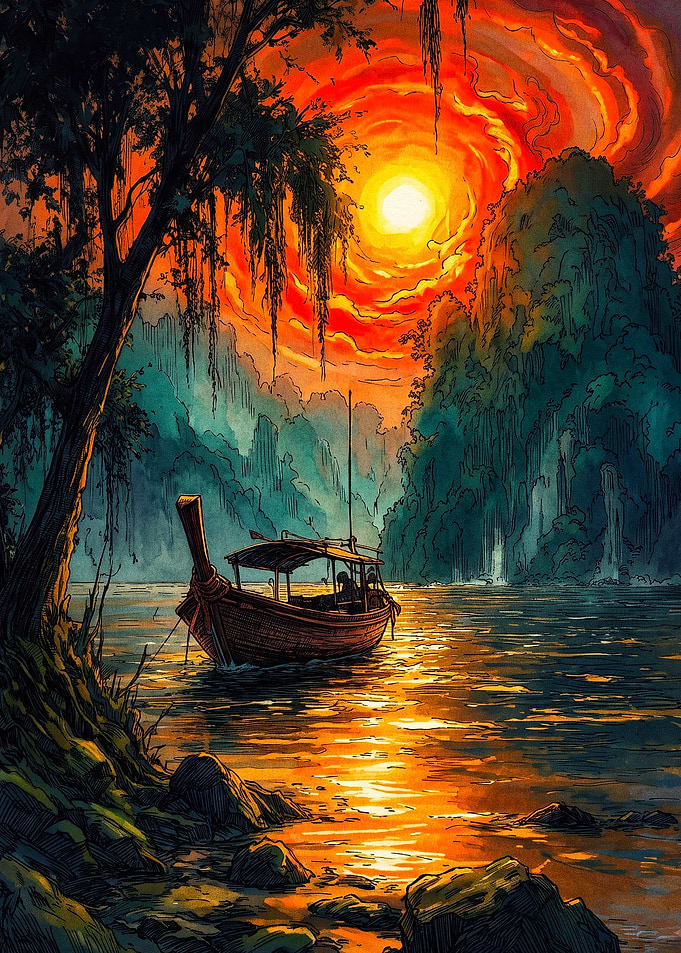 Traditional Boat at Fiery Sunset