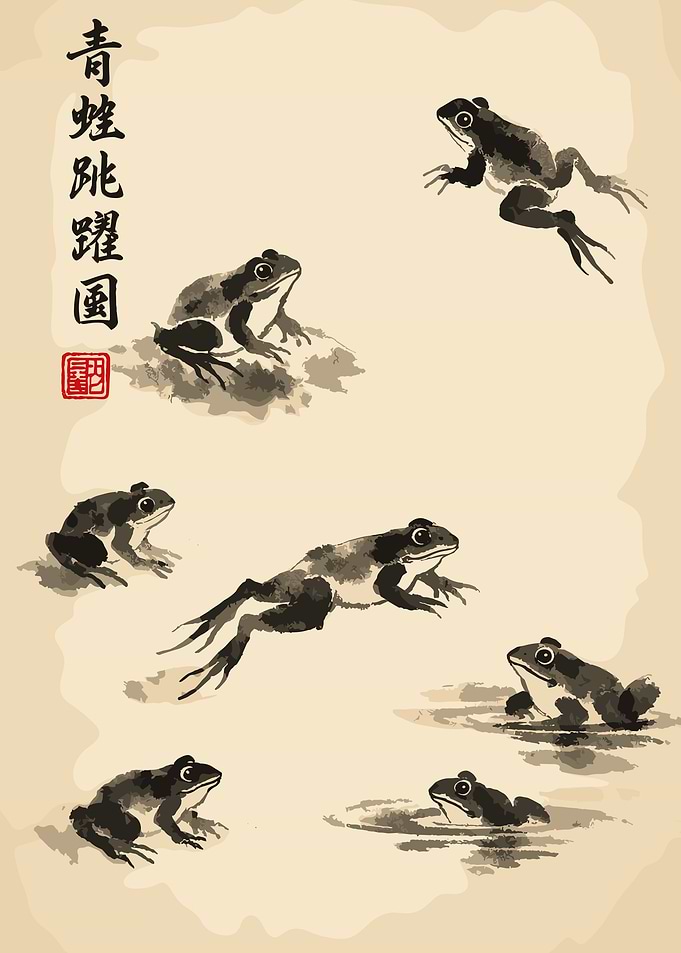 Traditional Ink Wash Painting of Frogs
