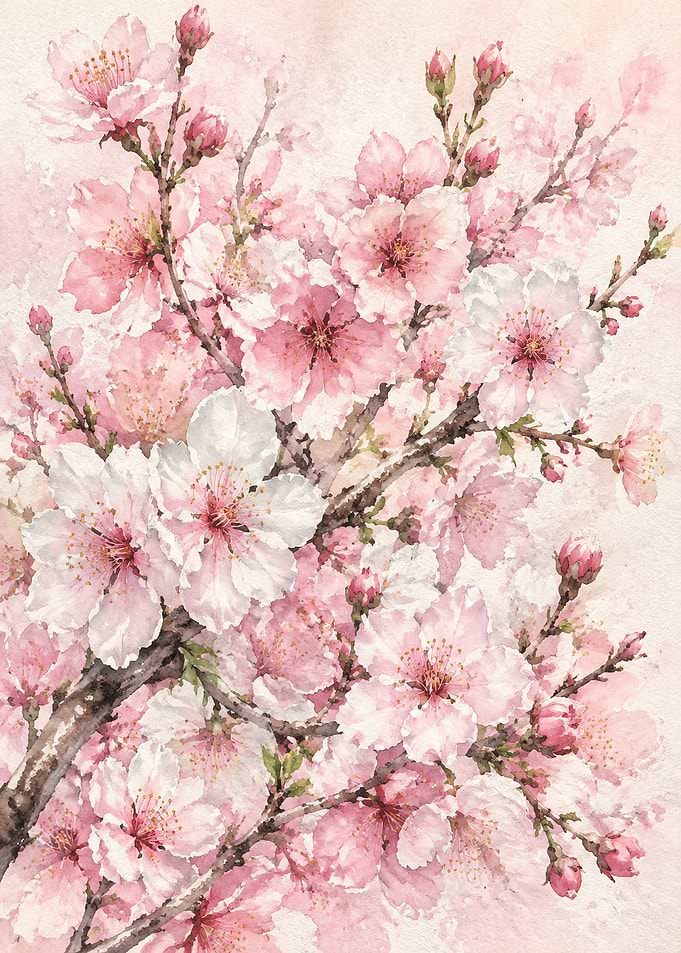 Watercolor Cherry Blossom Branch