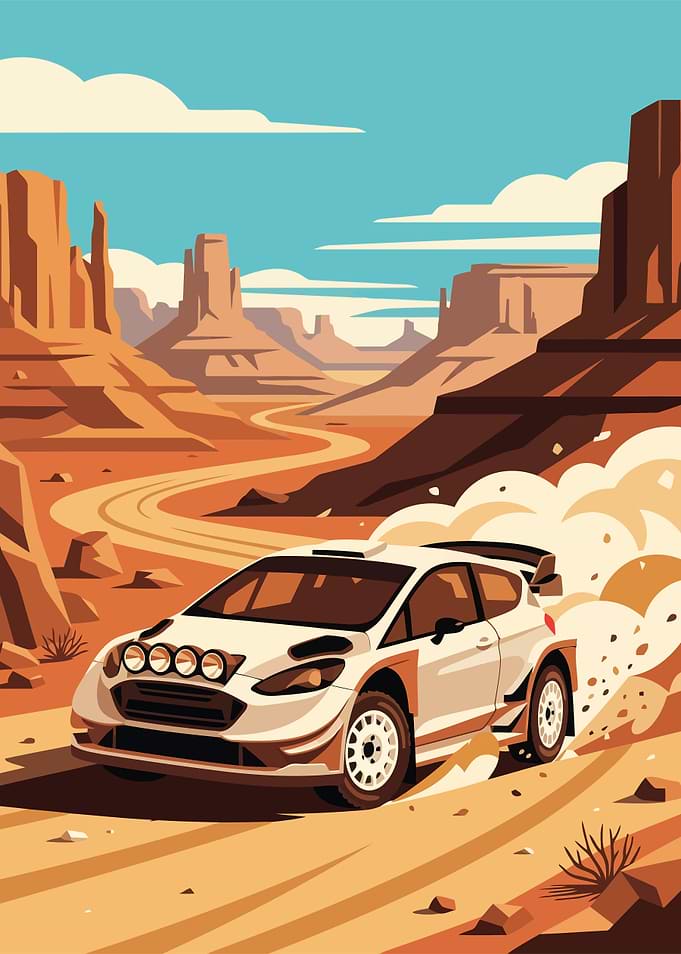 Rally Car Racing Through Desert Canyon