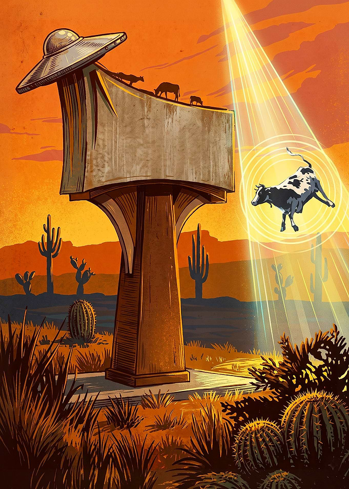 UFO Abducting Cow in Desert