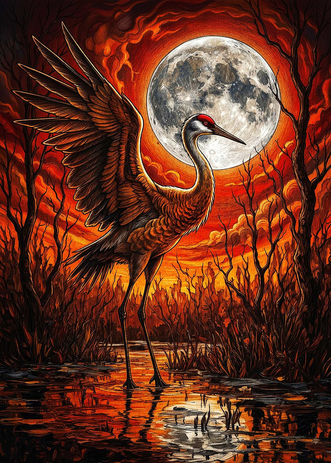 Crane Standing Under Fiery Moon