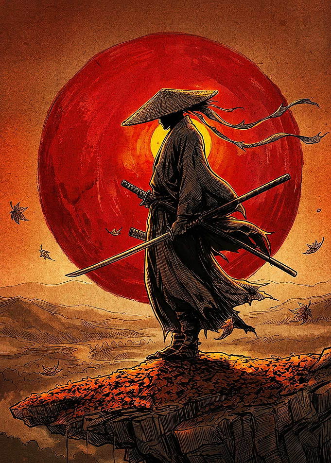 Ronin Samurai Standing Before Red Sun