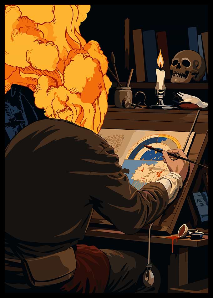 Artist with Flaming Head Painting