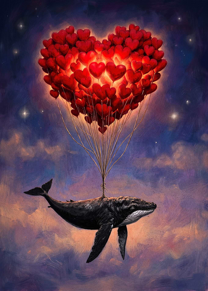 Whale Flying with Heart Balloons