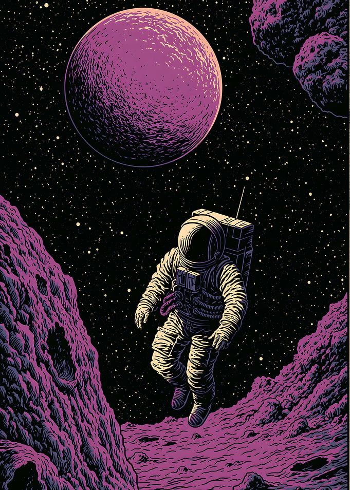 Astronaut Floating Above Purple Planet