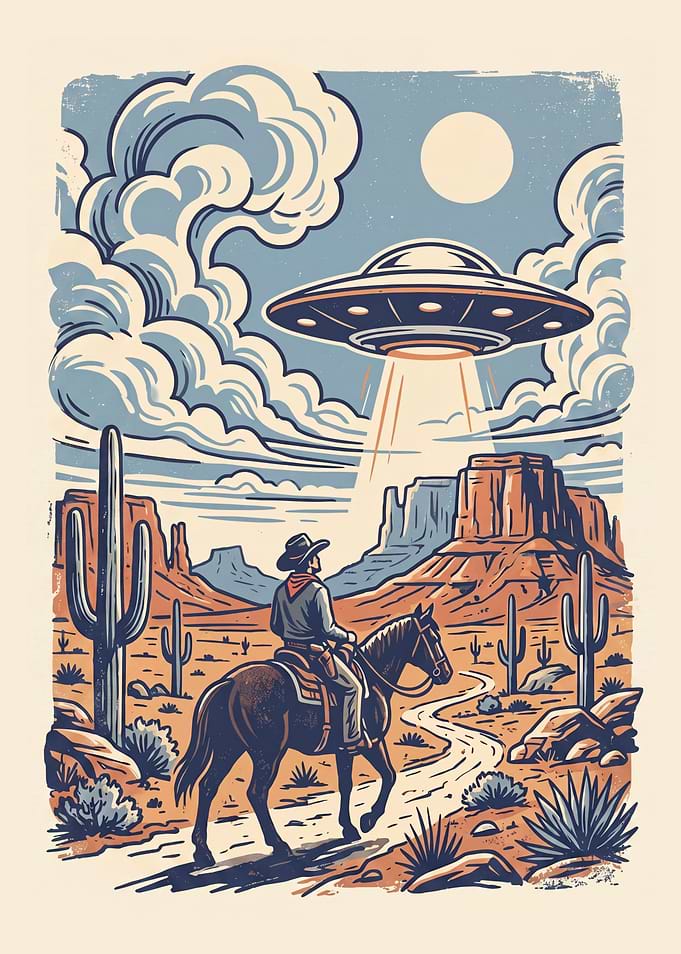 Cowboy Encountering a UFO in Desert