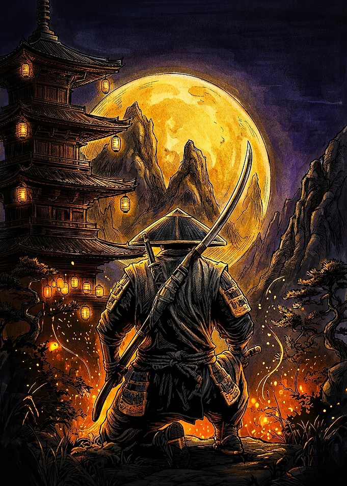 Samurai Kneeling Before Pagoda and Moon