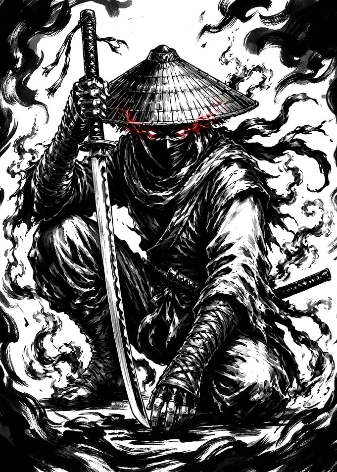 Crouching Ninja with Glowing Red Eyes