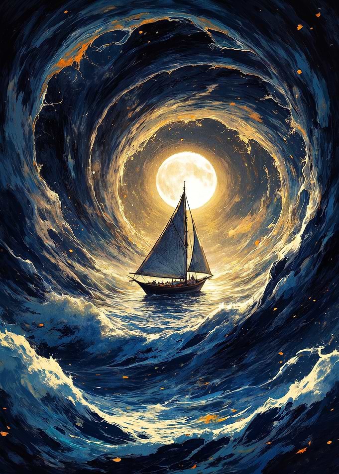 Sailboat in a Swirling Ocean Vortex