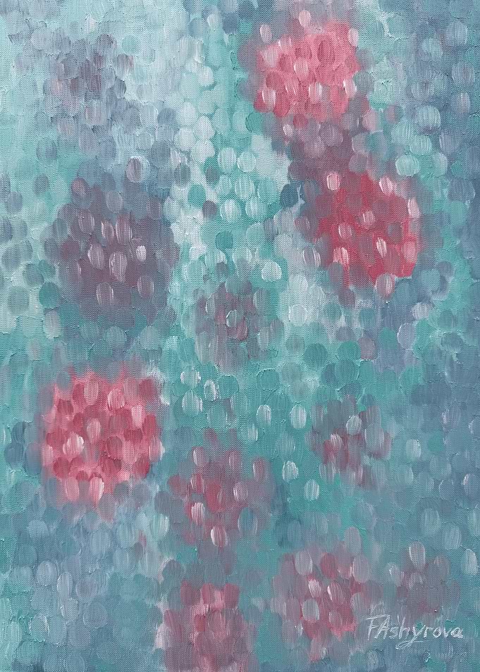 Abstract Pointillist Painting with Pink Clusters