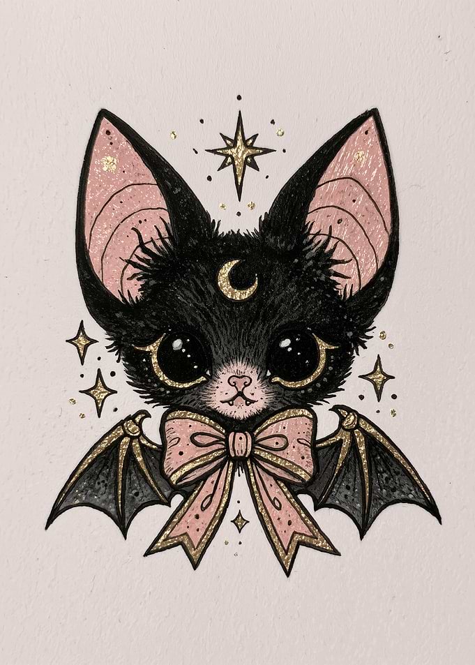Cute Mystical Bat Cat with Pink Bow