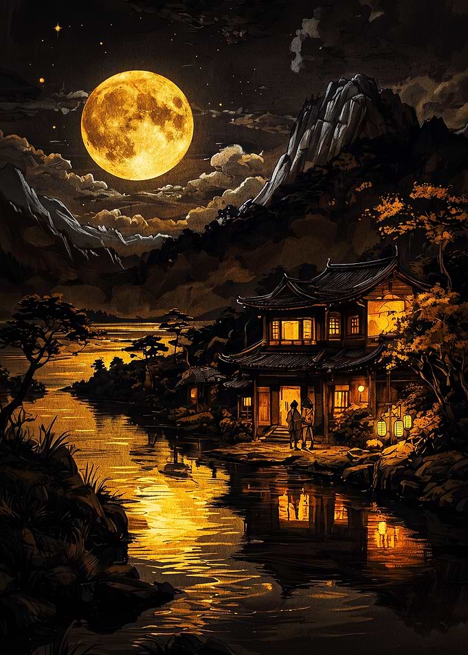 Golden Moonlit Japanese Temple Scene