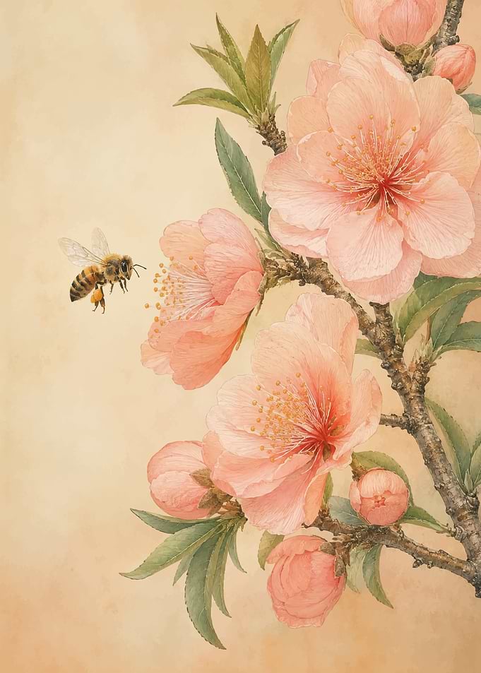 Bee and Peach Blossoms Illustration