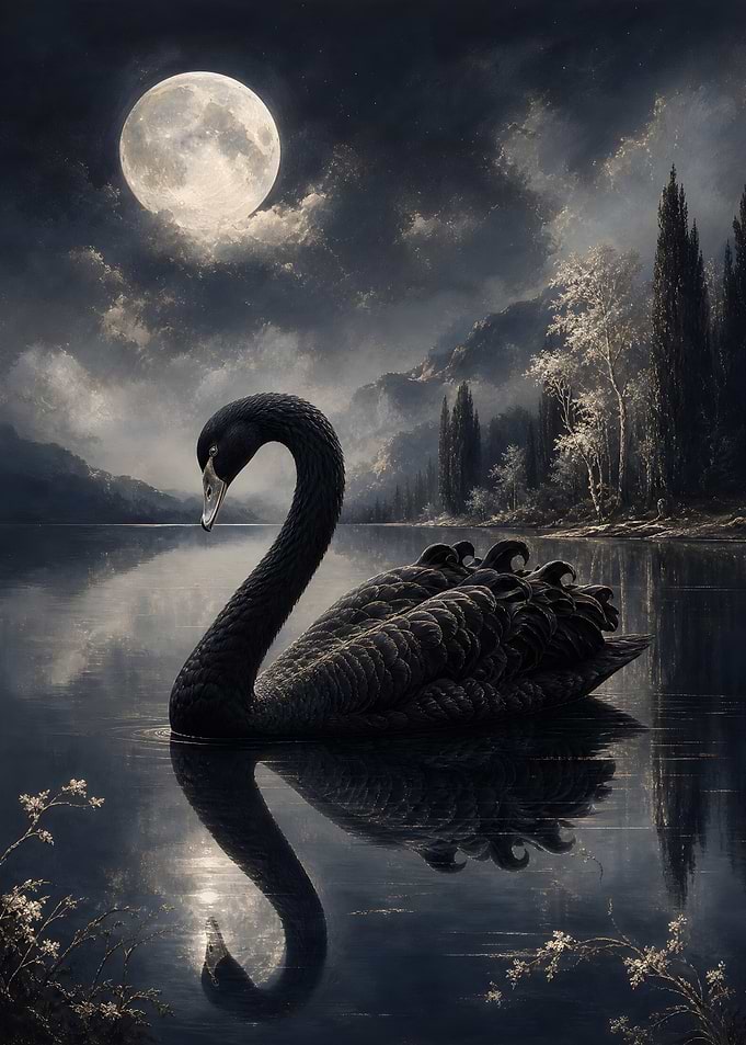 Black Swan on Moonlit Lake