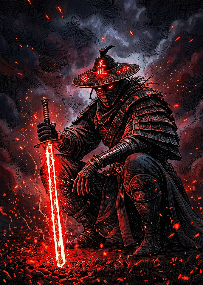 Glowing Red Samurai Warrior