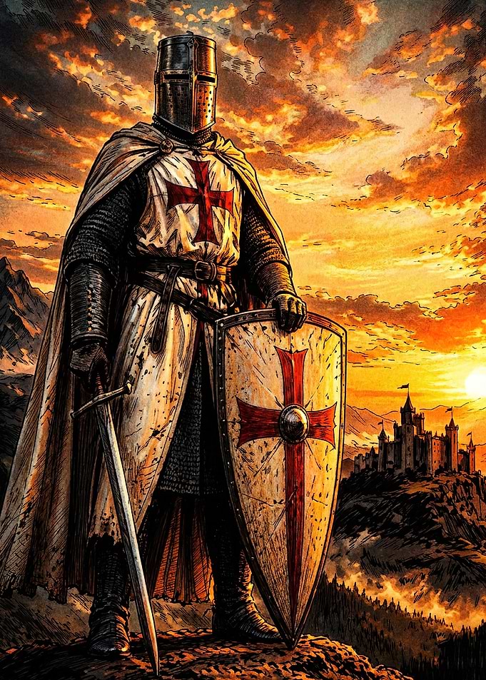 Crusader Knight Standing Before Castle