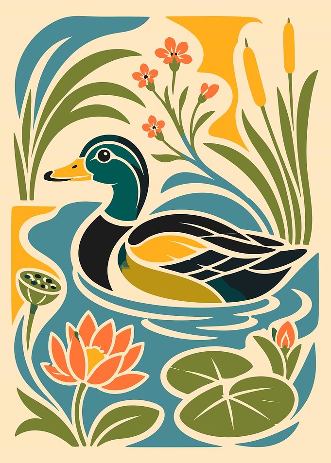 Stylized Mallard Duck in Pond