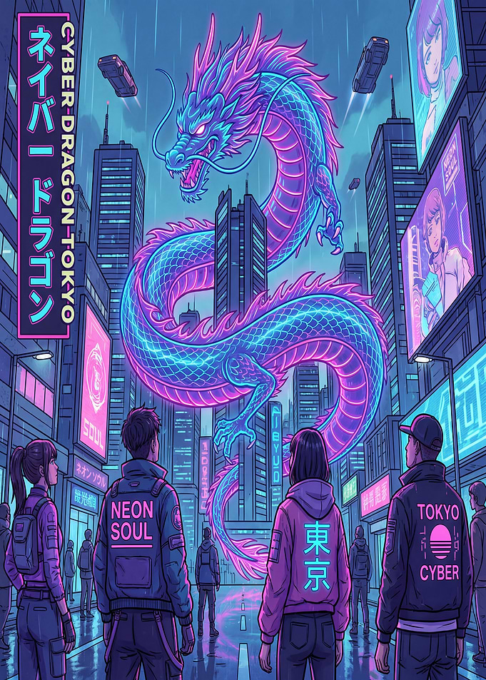Cyber Dragon Tokyo Neon Street Scene