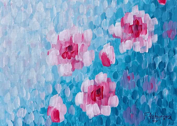 Abstract Pink Flowers on Blue Background