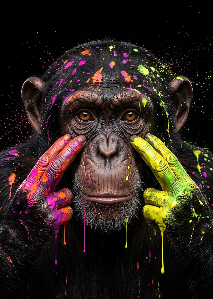 Chimpanzee Monkey Covered in Vibrant Paint Splatters