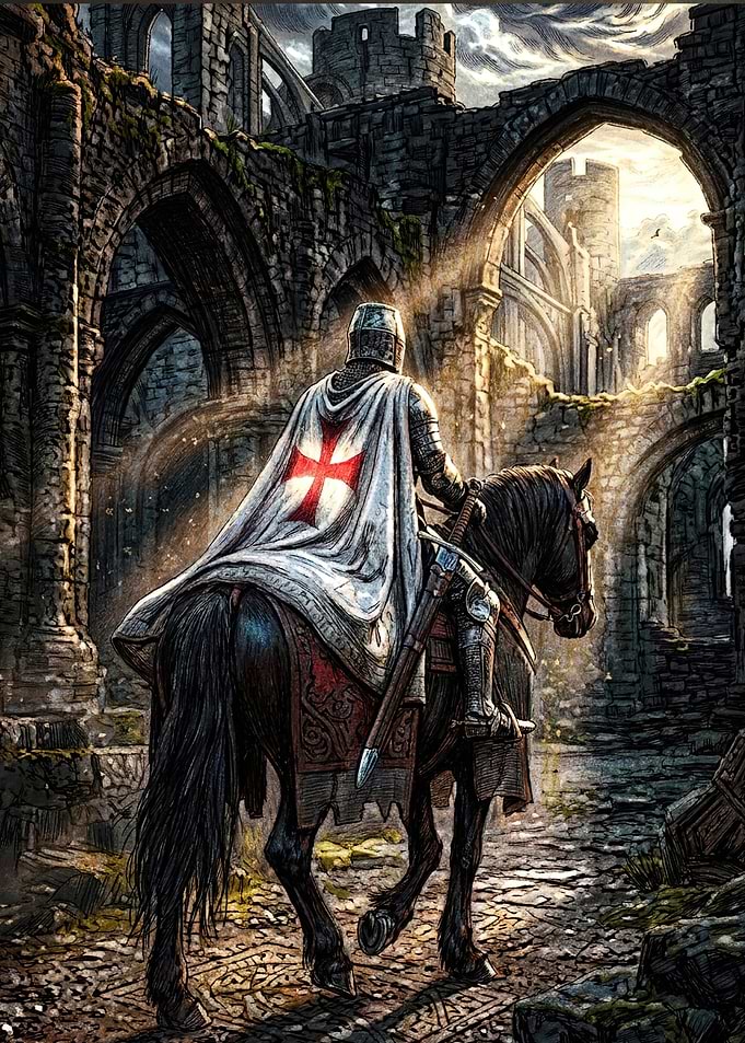 Templar Knight Riding Through Ancient Ruins