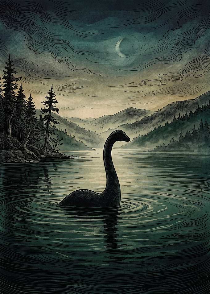 Loch Ness Monster in Misty Lake