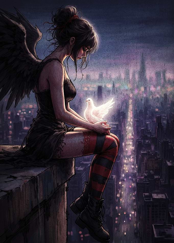 Fallen Angel Holding Glowing Dove