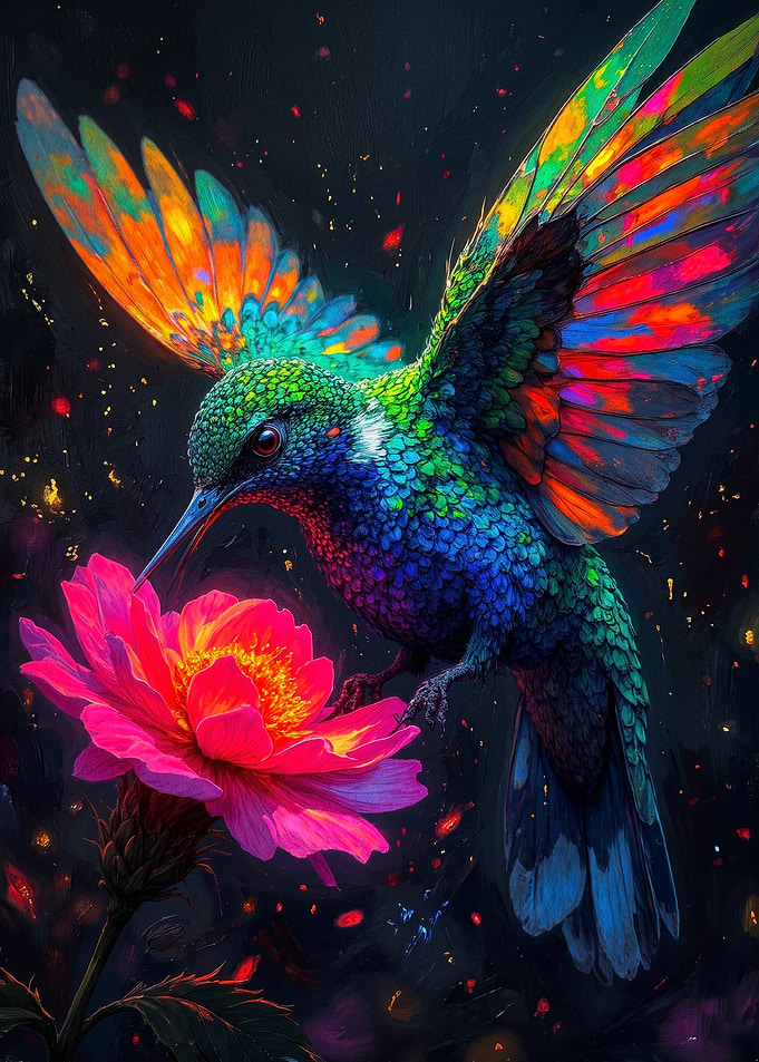 Vibrant Hummingbird and Pink Flower