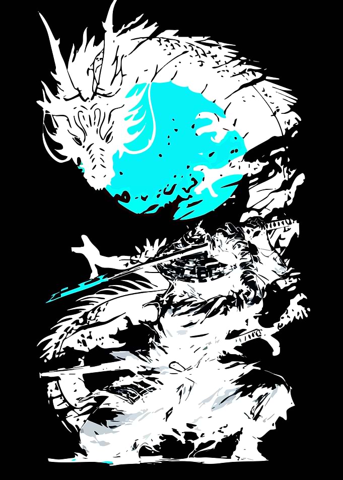 Samurai and Dragon Ink Illustration