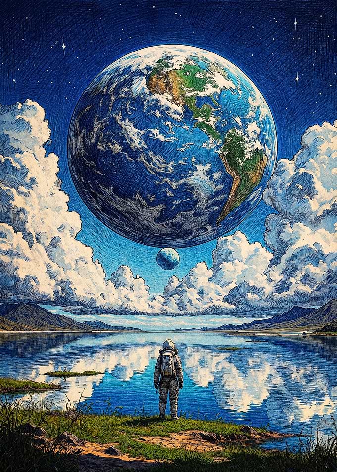 Astronaut Gazing at Earth Above Lake